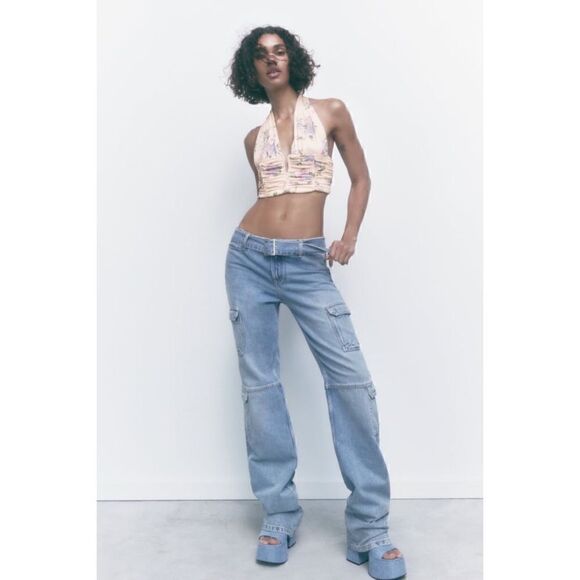 NWT Zara Floral Print Corset V-Neck Halter Neck Tie Crop Top in Pale Pink - Picture 2 of 16